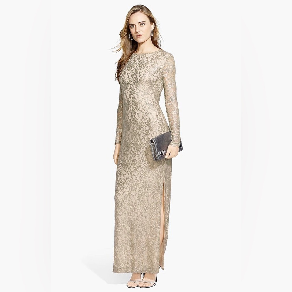 Lauren Ralph Lauren Evening Scalloped Metallic Lace Maxi Dress